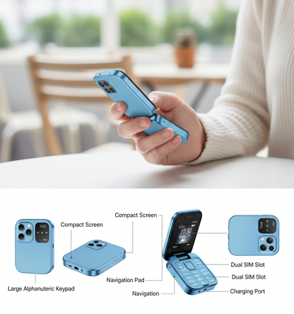 i16 Ultra-Compact Flip Phone — Blue